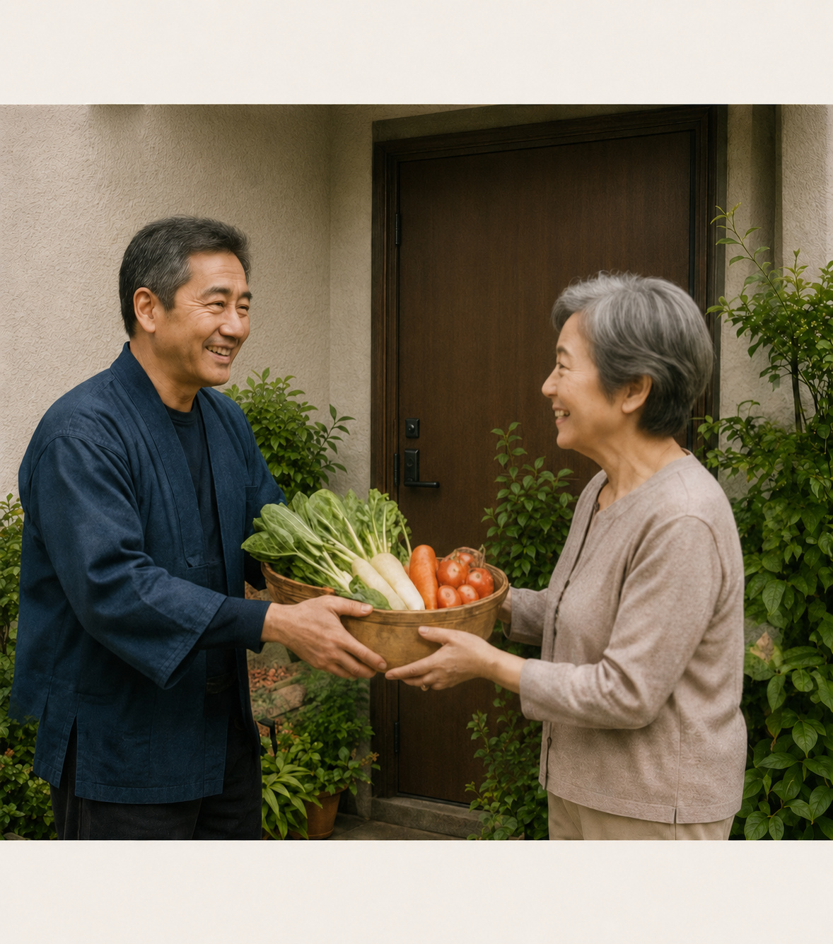 豊助のスタッフが玄関先で高齢の女性に野菜のかごを手渡している様子