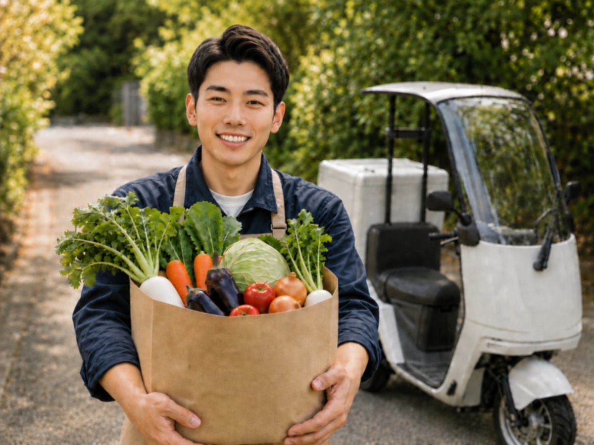 新鮮な野菜が入った袋を手に、宅配用の車の前で微笑む豊助のスタッフ