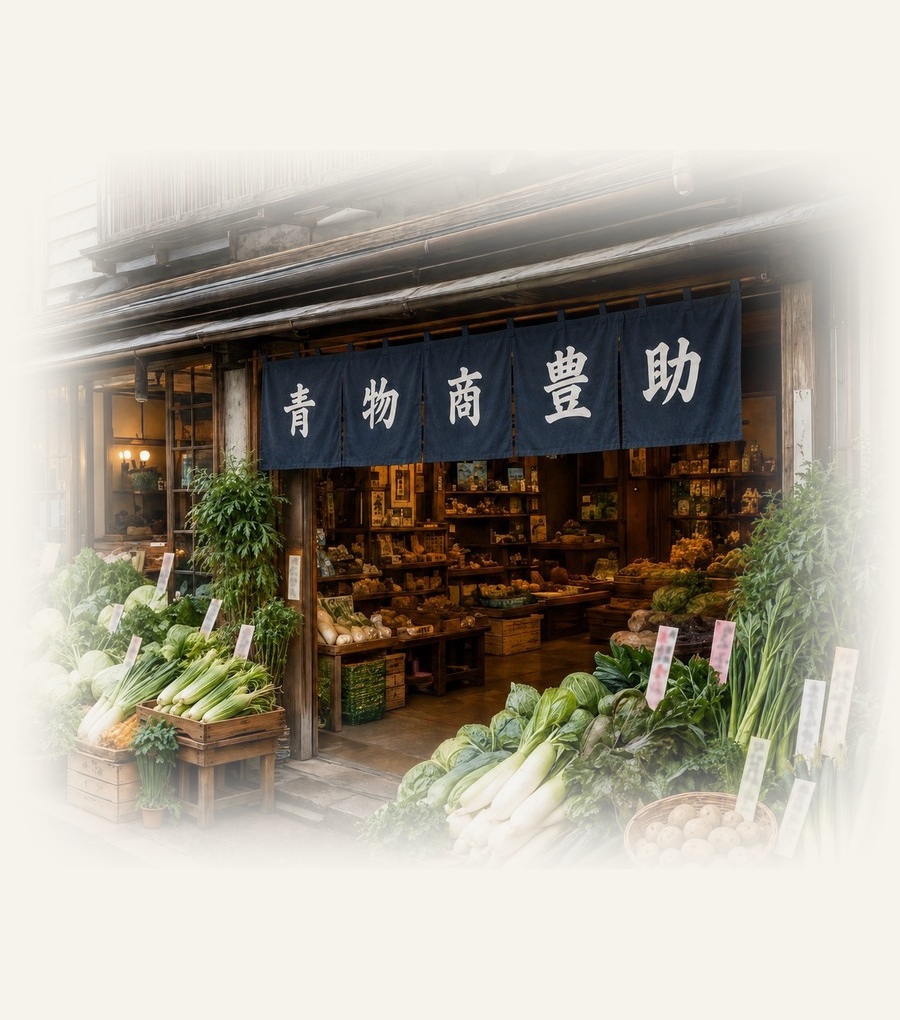 「青物商 豊助」の暖簾がかかる店先に、新鮮な青物が並ぶ様子